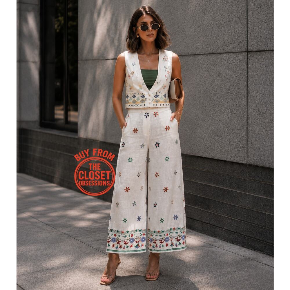 Zara NWT Embroidered Linen Blend Vest Wide Leg Pants Set M